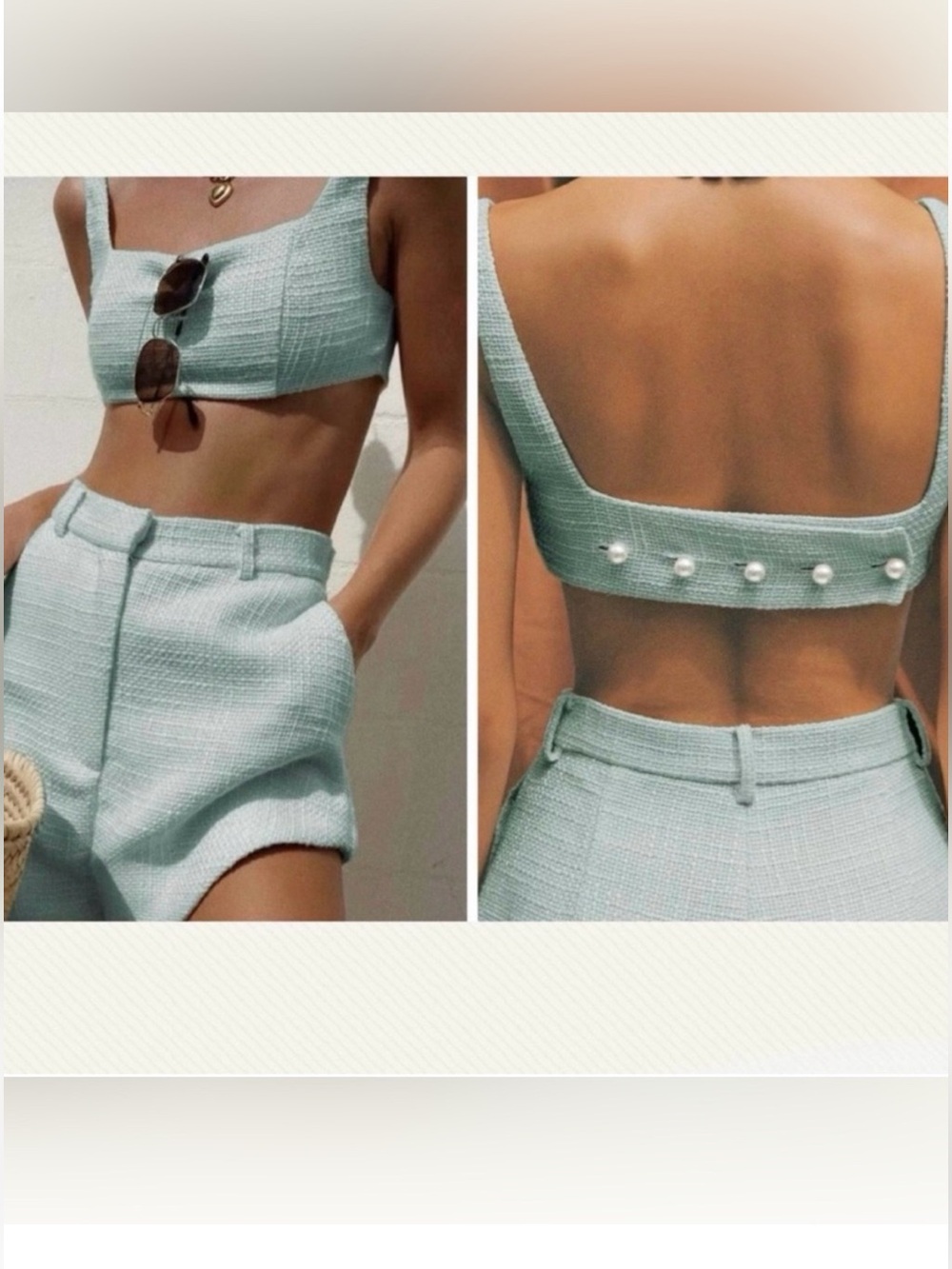 COMMENSE Tweed Backless Plain Crop Top Shorts Set baby blue mint Pearls S NWT